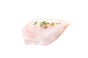 Raw chicken breast fillet on a chopping Board with herbs and spices. Black background. Top view png