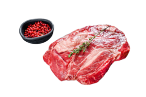 Fresh Raw meat Prime Black Angus Chuck roll steak. Black background. Top view png