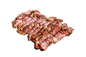 Sliced Grilled beef marbled rare steak. Chuck eye roll on a plate with a side dish of vegetables. Black background. Top view png