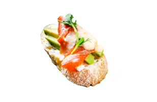 Healthy sandwich with avocado and salmon. Spinach and arugula salad. Black background. Top view png