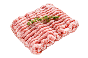 Raw minced pork on a chopping Board. Organic ground meat, forcemeat. White background. Top view png