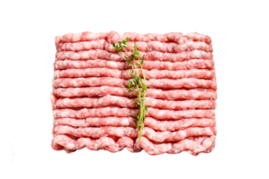 Raw minced pork on a chopping Board. Organic ground meat, forcemeat. White background. Top view png