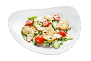 Caesar salad with grilled chicken, croutons, quail eggs and cherry tomatoes. White background. Top view png