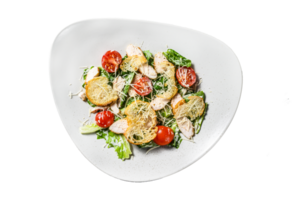 Caesar salad with grilled chicken, croutons, quail eggs and cherry tomatoes. White background. Top view png