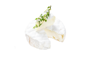 French Camembert cheese with grapes on wooden cutting board. White background. Top view png