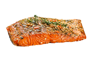 homemade hot smoked salmon fillet on a cutting Board. trout. Gray background, top view. png