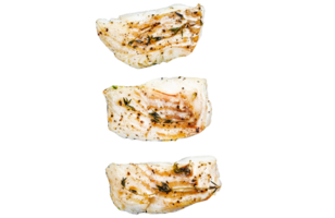 Baked cod fish fillet with spice. Black background. Top view png