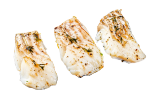 Baked cod fish fillet with spice. Black background. Top view png