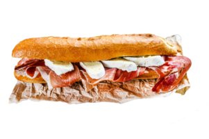 Baguette sandwich with prosciutto ham, Camembert cheese on a cutting Board. Black background, top view. png
