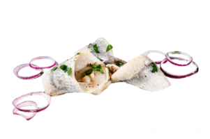 Pieces of salted herring with onion rings. Gray background. Top view png