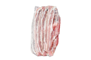 Raw bacon on a stone chopping Board. Pork meat. Black background. Top view. Space for text png