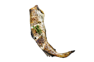 Baked pollock cooked in a savory marinade. Black background. Top view png