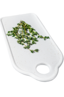 Sprigs of thyme on a white cutting Board. Gray background. Top view. Space for text png
