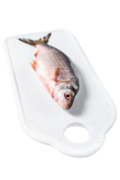 crucian carp on a white chopping Board. Gray background. Top view png