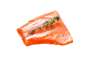 Fresh raw salmon fillet with thyme. Black background. Top view. Copy space png