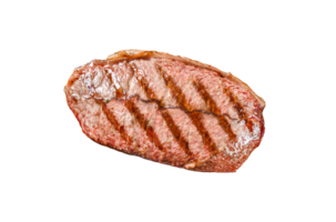 Grilled meat Top Blade steaks in a frying pan. Gray background. Top view png
