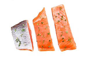 Fresh Atlantic salmon fillet on a chopping Board. White wooden background. Top view png