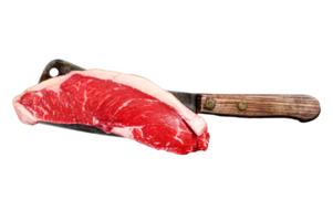 Raw sirloin steak on a cleaver. Marble beef. Black background. Top view png
