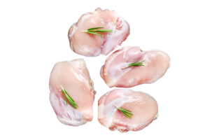 Raw chicken thigh fillet without skin. Farm poultry meat. Black background. Top view png