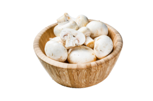 Raw white mushrooms in a bamboo bowl. Gray background. Top view. Space for text png