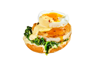 Homemade fish Burger with cod fillet, egg and spinach on a brioche bun. Gray background. Top view png