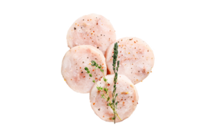 Raw fish cutlets made from minced cod ready for cooking. Gray background. Top view png
