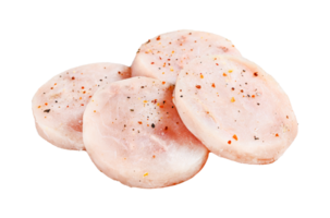 Raw fish cutlets made from minced cod ready for cooking. Gray background. Top view png