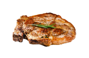 Grilled pork steak on bone with French fries. Gray background. Top view png