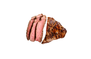 Sliced grilled filet Mignon steak. Beef tenderloin. Black background. Top view png