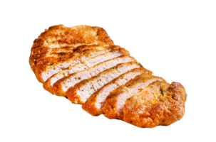 Breaded viennese schnitzel with baked potatoes and salad. Gray background. Top view png