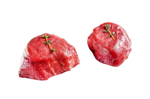 Marble beef tenderloin. Raw filet Mignon steak on a white chopping Board. Gray background. Top view png