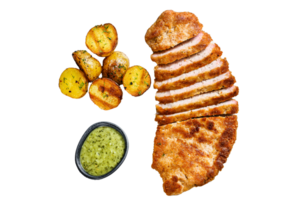 Homemade breaded german weiner schnitzel with potatoes and salad. Gray background. Top view png