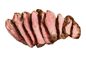 Sliced grilled filet Mignon steak on a wooden chopping Board. Beef tenderloin. Gray background. Top view png