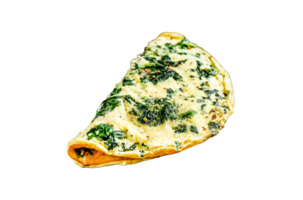 Spinach quiche on a plate with tomatoes and parsley. black background. Top view png