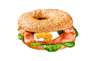 Healthy freshly baked bagel filled with smoked salmon, spinach and egg. Gray background. Top view png