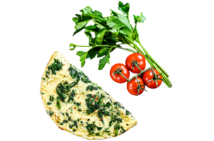 Egg omelet with spinach, served on a plate with tomatoes. black background. Top view png