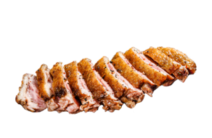 Juicy duck breast steaks with caramelized asparagus. Black background. Top view png