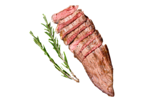 Steak of marbled beef roasting medium on a black stone Board. Black background. Top view png