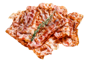Sizzling hot bacon pieces. Organic meat. Gray background. Top view png