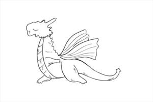 Dragon with wings standing in triangle pose and doing yoga line art black ink sketch. Animal practicing fitness exercises and meditation monochrome illustration . For coloring book, label, tattoo vector