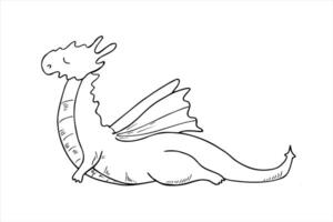 Monochrome dragon with wings doing stretching illustration painted by black inks. Animal practicing fitness exercises in Cobra Pose etching drawing. For yoga center design, tattoo vector