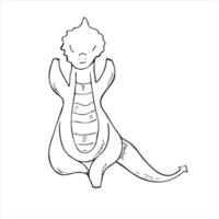Graphic monochrome dragon meditating and practicing Vrikshasana ink illustration in black and white. Animal doing yoga exercises simple line art. Tree pose, Vrksasana, Vriksasana. For yoga center vector