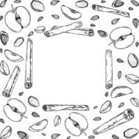 Almond, apple slice and cinnamon sticks square frame with empty space for text. Aromatic seasoning with fresh fruits, nuts monochrome illustration hand painted by black inks for greetings, label vector