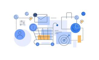 E-commerce. Shopping cart with marketing related objects. Modern flat illustration. Web banner vector