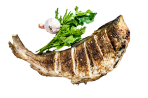 Cooking grilled haddock fish. Gray background. Top view png