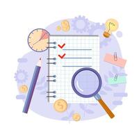 Productivity illustration. Magnifier. Effective time management elements for your design. Planning tasks, activities, schedules, working time. Characters people at work. vector