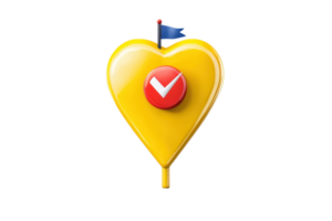 A bright yellow heart-shaped location marker featuring a red checkmark and a small flag, symbolizing approval or favorite spots. png