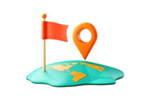 A vibrant location marker features an orange pin and a red flag on a stylized globe, symbolizing travel and exploration. png