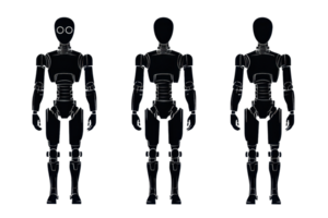 A trio of humanoid figures with sleek, futuristic designs featuring distinct features and advanced robotic elements. png