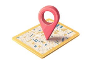 A colorful map with a prominent pink location pin placed on it, highlighting a specific point of interest. png